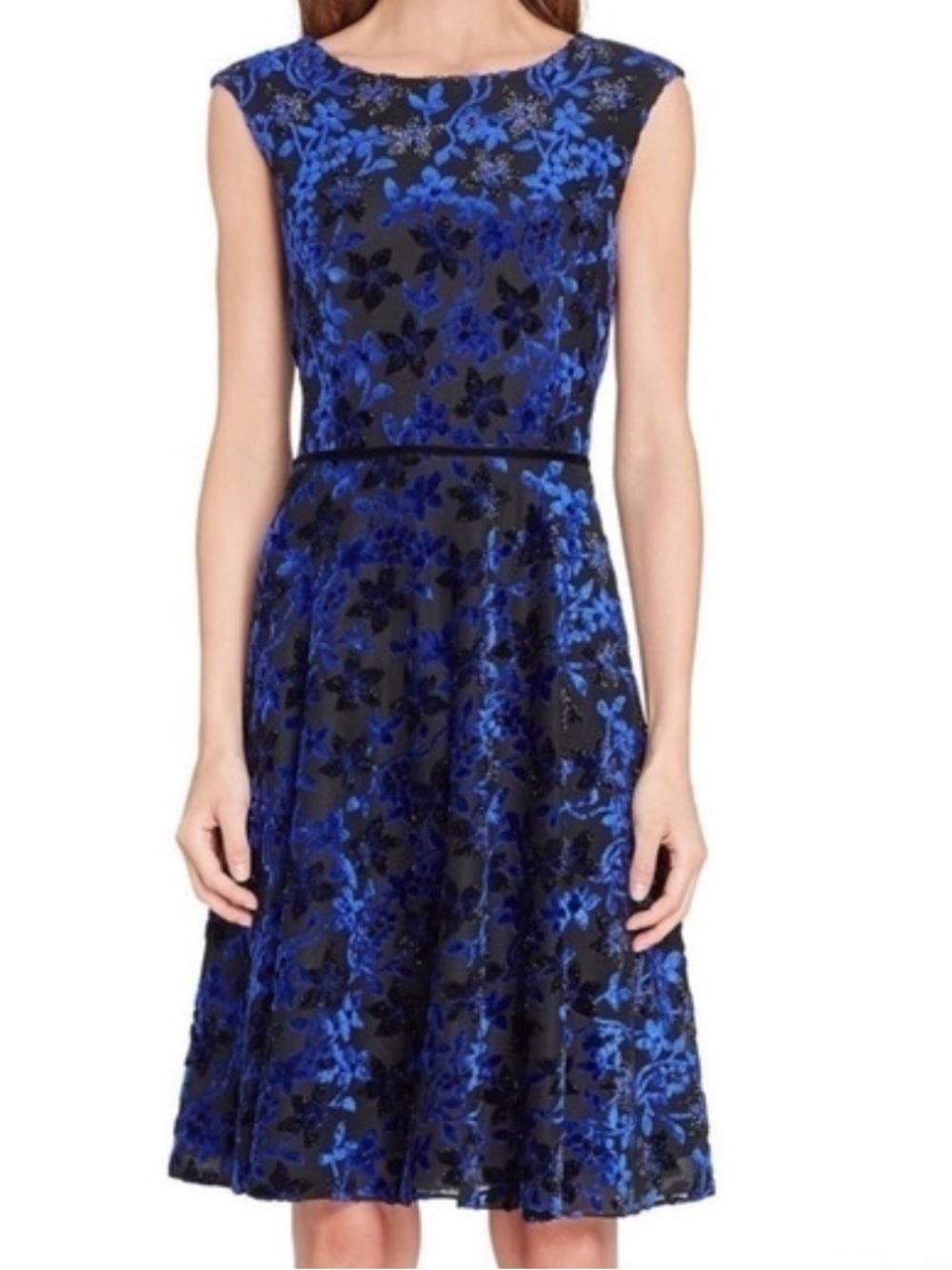 Tahari Royal Blue / Black velvet Floral A-Line Mini Dress women’s size 8 medium